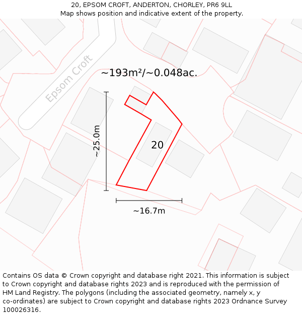 20, EPSOM CROFT, ANDERTON, CHORLEY, PR6 9LL: Plot and title map