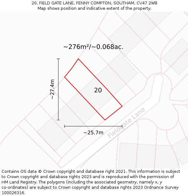 20, FIELD GATE LANE, FENNY COMPTON, SOUTHAM, CV47 2WB: Plot and title map