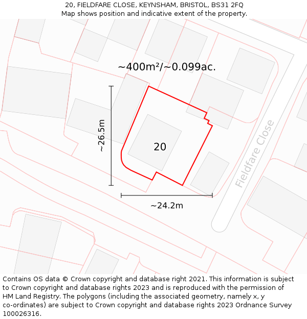 20, FIELDFARE CLOSE, KEYNSHAM, BRISTOL, BS31 2FQ: Plot and title map
