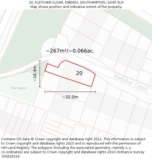 20, FLETCHER CLOSE, DIBDEN, SOUTHAMPTON, SO45 5UY: Plot and title map