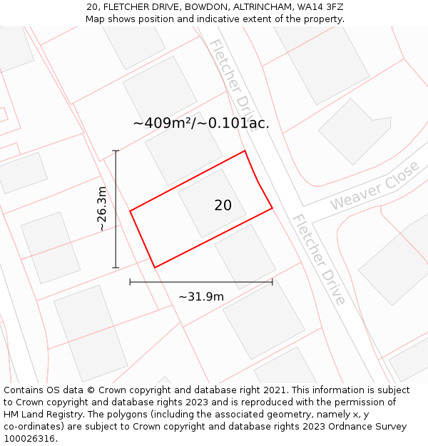 20, FLETCHER DRIVE, BOWDON, ALTRINCHAM, WA14 3FZ: Plot and title map