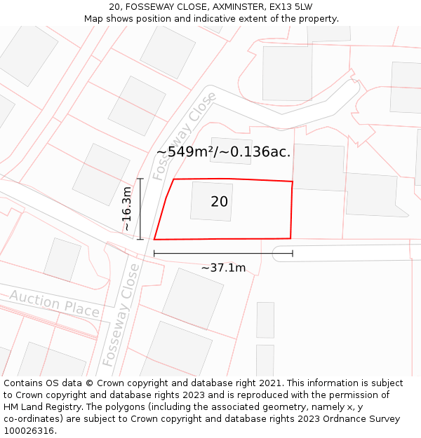 20, FOSSEWAY CLOSE, AXMINSTER, EX13 5LW: Plot and title map