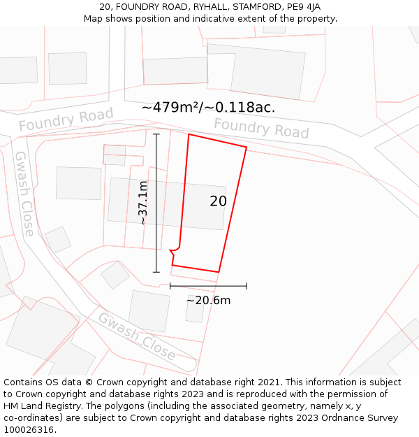 20, FOUNDRY ROAD, RYHALL, STAMFORD, PE9 4JA: Plot and title map