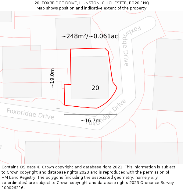 20, FOXBRIDGE DRIVE, HUNSTON, CHICHESTER, PO20 1NQ: Plot and title map