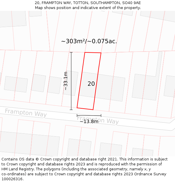 20, FRAMPTON WAY, TOTTON, SOUTHAMPTON, SO40 9AE: Plot and title map