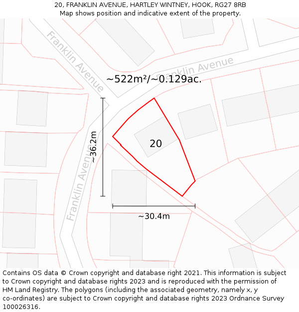 20, FRANKLIN AVENUE, HARTLEY WINTNEY, HOOK, RG27 8RB: Plot and title map