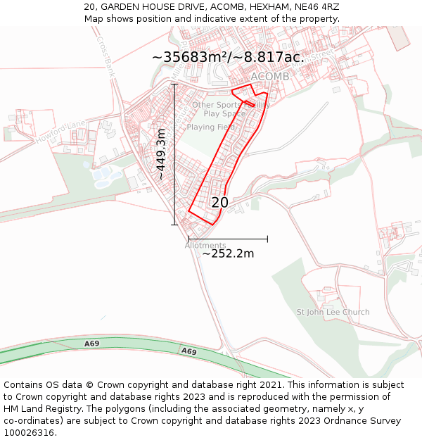 20, GARDEN HOUSE DRIVE, ACOMB, HEXHAM, NE46 4RZ: Plot and title map