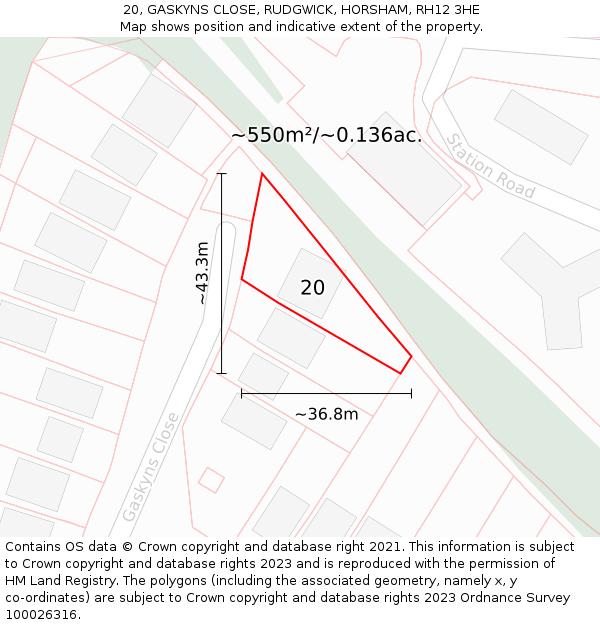 20, GASKYNS CLOSE, RUDGWICK, HORSHAM, RH12 3HE: Plot and title map