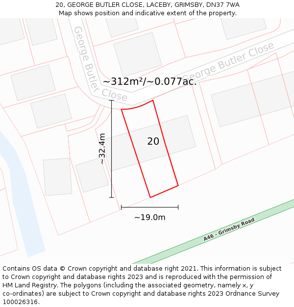 20, GEORGE BUTLER CLOSE, LACEBY, GRIMSBY, DN37 7WA: Plot and title map