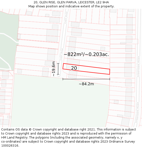 20, GLEN RISE, GLEN PARVA, LEICESTER, LE2 9HA: Plot and title map