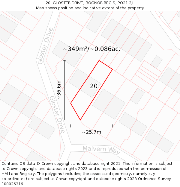 20, GLOSTER DRIVE, BOGNOR REGIS, PO21 3JH: Plot and title map