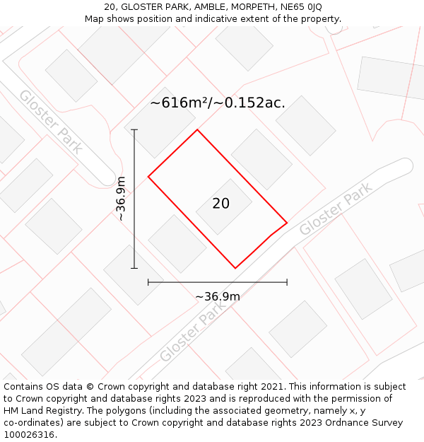 20, GLOSTER PARK, AMBLE, MORPETH, NE65 0JQ: Plot and title map