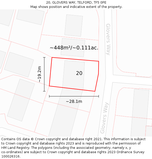 20, GLOVERS WAY, TELFORD, TF5 0PE: Plot and title map