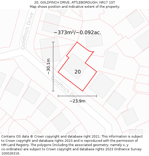 20, GOLDFINCH DRIVE, ATTLEBOROUGH, NR17 1GT: Plot and title map