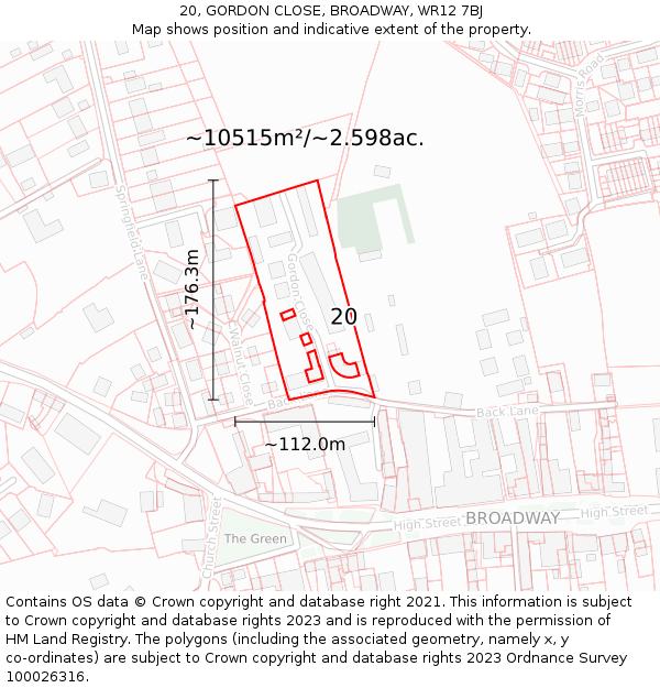 20, GORDON CLOSE, BROADWAY, WR12 7BJ: Plot and title map