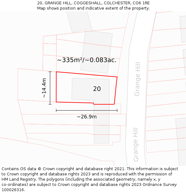 20, GRANGE HILL, COGGESHALL, COLCHESTER, CO6 1RE: Plot and title map