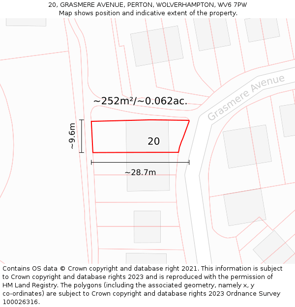 20, GRASMERE AVENUE, PERTON, WOLVERHAMPTON, WV6 7PW: Plot and title map