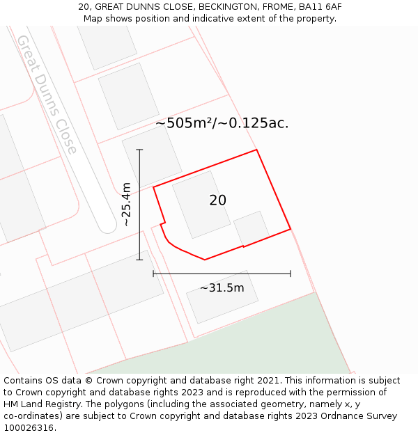 20, GREAT DUNNS CLOSE, BECKINGTON, FROME, BA11 6AF: Plot and title map