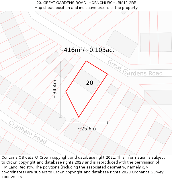 20, GREAT GARDENS ROAD, HORNCHURCH, RM11 2BB: Plot and title map