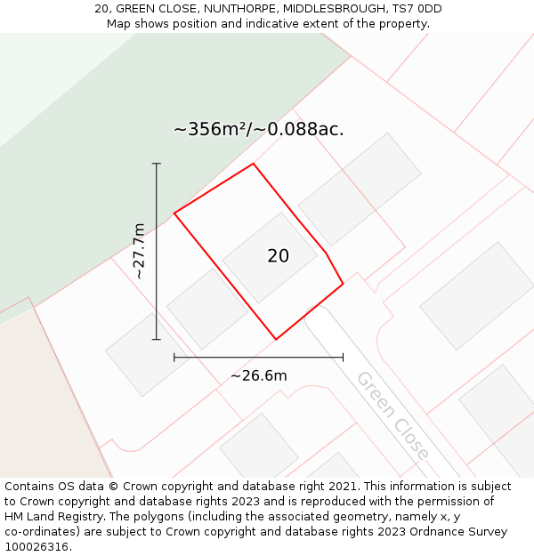 20, GREEN CLOSE, NUNTHORPE, MIDDLESBROUGH, TS7 0DD: Plot and title map