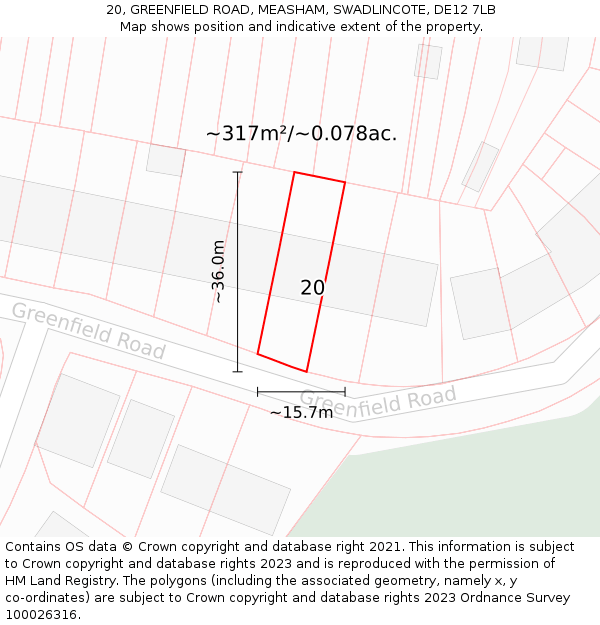 20, GREENFIELD ROAD, MEASHAM, SWADLINCOTE, DE12 7LB: Plot and title map