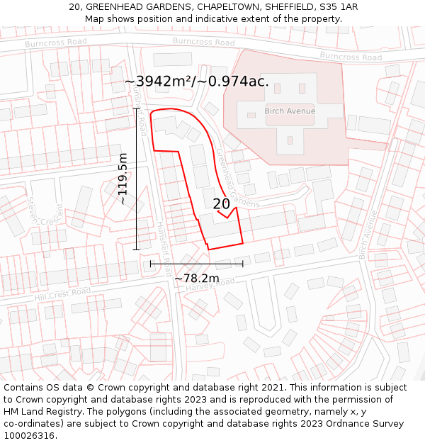 20, GREENHEAD GARDENS, CHAPELTOWN, SHEFFIELD, S35 1AR: Plot and title map