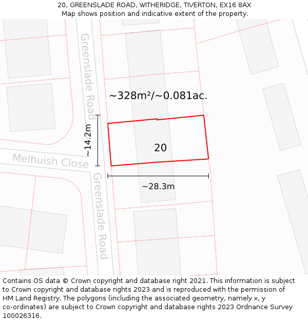 20, GREENSLADE ROAD, WITHERIDGE, TIVERTON, EX16 8AX: Plot and title map