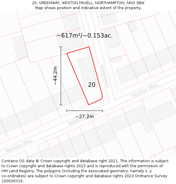 20, GREENWAY, WESTON FAVELL, NORTHAMPTON, NN3 3BW: Plot and title map