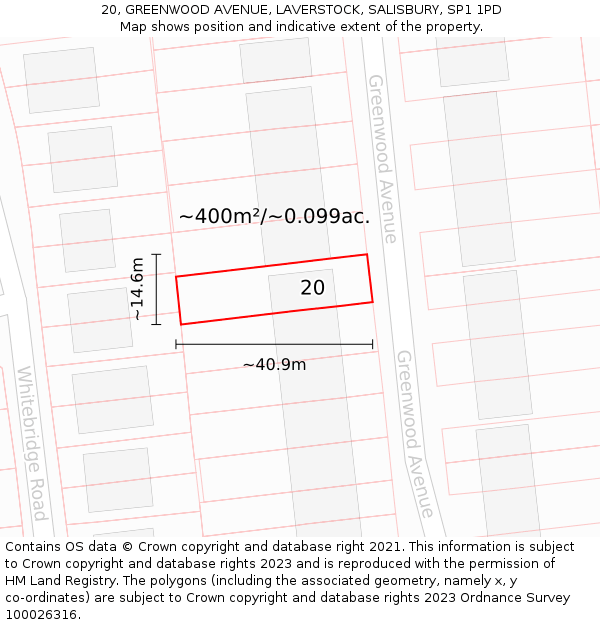 20, GREENWOOD AVENUE, LAVERSTOCK, SALISBURY, SP1 1PD: Plot and title map