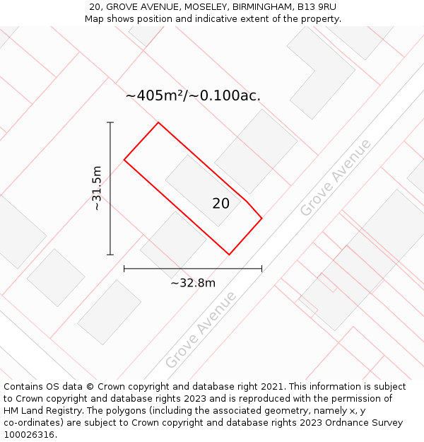 20, GROVE AVENUE, MOSELEY, BIRMINGHAM, B13 9RU: Plot and title map