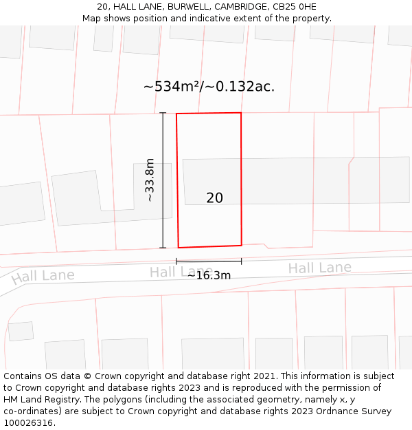 20, HALL LANE, BURWELL, CAMBRIDGE, CB25 0HE: Plot and title map