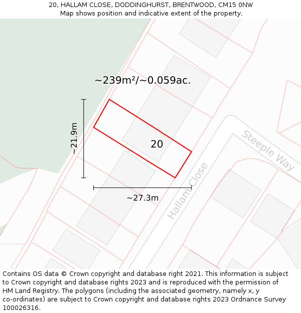 20, HALLAM CLOSE, DODDINGHURST, BRENTWOOD, CM15 0NW: Plot and title map
