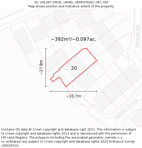 20, HALSEY DRIVE, HEMEL HEMPSTEAD, HP1 3SF: Plot and title map