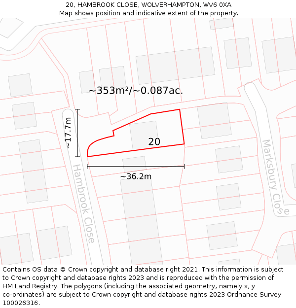 20, HAMBROOK CLOSE, WOLVERHAMPTON, WV6 0XA: Plot and title map