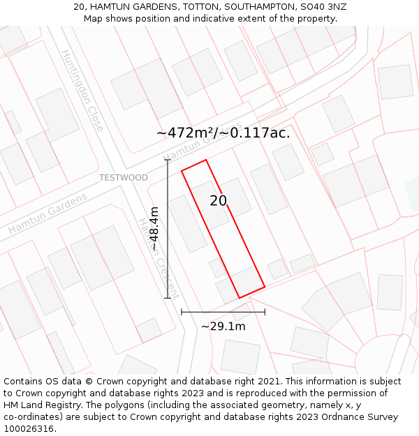 20, HAMTUN GARDENS, TOTTON, SOUTHAMPTON, SO40 3NZ: Plot and title map