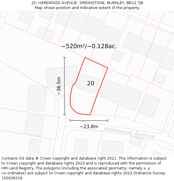 20, HAREWOOD AVENUE, SIMONSTONE, BURNLEY, BB12 7JB: Plot and title map