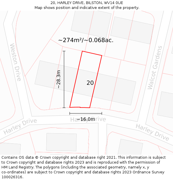 20, HARLEY DRIVE, BILSTON, WV14 0UE: Plot and title map