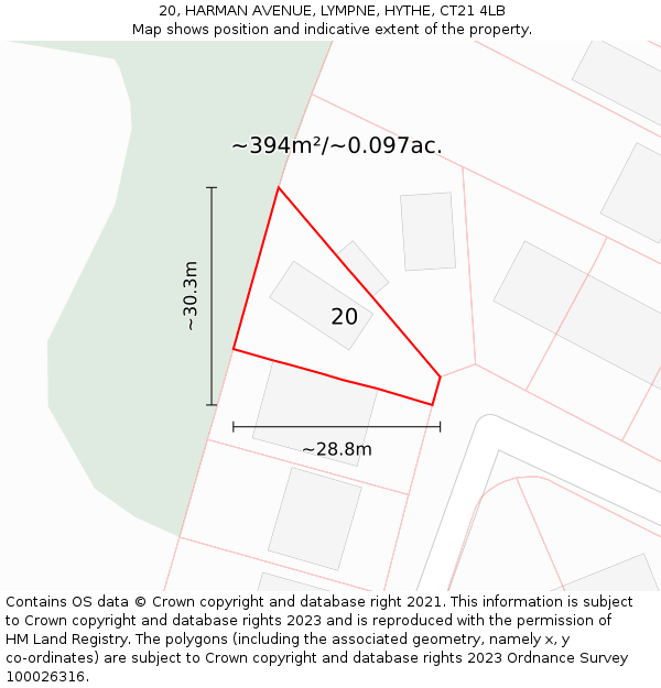 20, HARMAN AVENUE, LYMPNE, HYTHE, CT21 4LB: Plot and title map