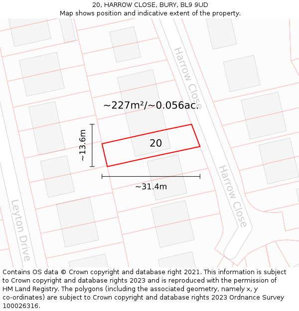 20, HARROW CLOSE, BURY, BL9 9UD: Plot and title map