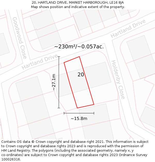 20, HARTLAND DRIVE, MARKET HARBOROUGH, LE16 8JA: Plot and title map