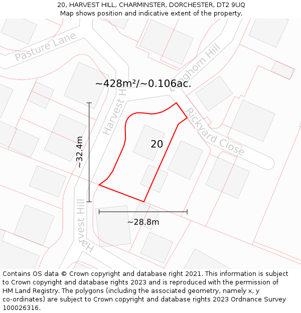 20, HARVEST HILL, CHARMINSTER, DORCHESTER, DT2 9UQ: Plot and title map
