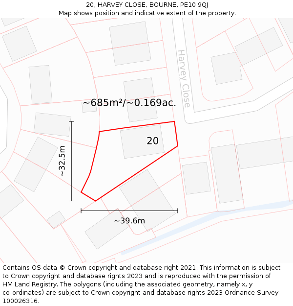 20, HARVEY CLOSE, BOURNE, PE10 9QJ: Plot and title map