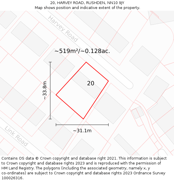 20, HARVEY ROAD, RUSHDEN, NN10 9JY: Plot and title map