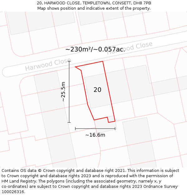 20, HARWOOD CLOSE, TEMPLETOWN, CONSETT, DH8 7PB: Plot and title map
