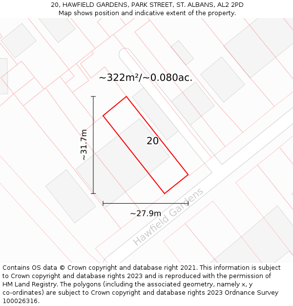 20, HAWFIELD GARDENS, PARK STREET, ST. ALBANS, AL2 2PD: Plot and title map