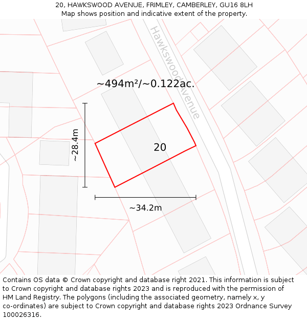 20, HAWKSWOOD AVENUE, FRIMLEY, CAMBERLEY, GU16 8LH: Plot and title map