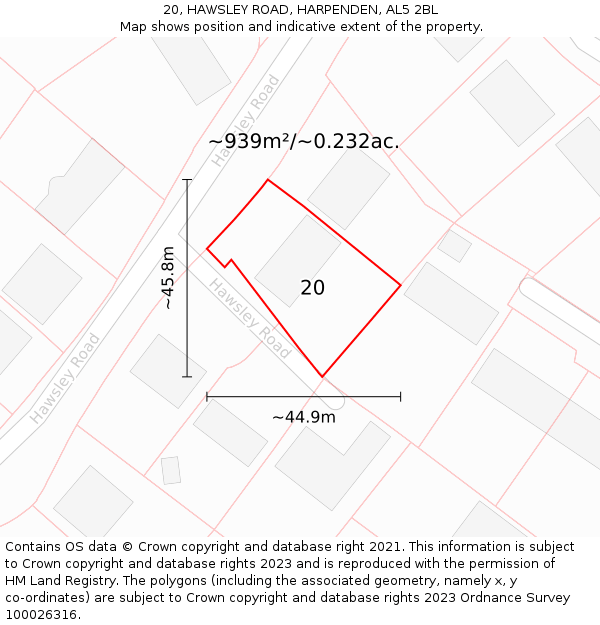 20, HAWSLEY ROAD, HARPENDEN, AL5 2BL: Plot and title map