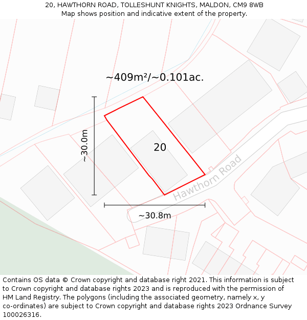 20, HAWTHORN ROAD, TOLLESHUNT KNIGHTS, MALDON, CM9 8WB: Plot and title map