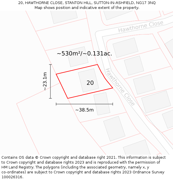 20, HAWTHORNE CLOSE, STANTON HILL, SUTTON-IN-ASHFIELD, NG17 3NQ: Plot and title map