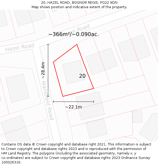 20, HAZEL ROAD, BOGNOR REGIS, PO22 9DN: Plot and title map